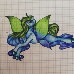 Size: 1080x1080 | Tagged: safe, artist:tessa_key_, imported from derpibooru, oc, oc only, pony, butterfly wings, colored hooves, eyelashes, female, graph paper, horn, lying down, mare, prone, smiling, solo, traditional art, wings