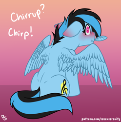 Size: 2405x2425 | Tagged: safe, artist:sevenserenity, imported from derpibooru, oc, oc only, oc:icylightning, pegasus, pony, april fools, behaving like a bird, blushing, chirping, feather, floppy ears, grooming, logo, preen hub, preen hub logo, preening, satire, solo, wings