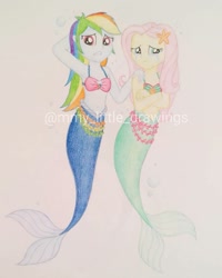 Size: 1079x1349 | Tagged: safe, artist:mmy_little_drawings, imported from derpibooru, fluttershy, rainbow dash, mermaid, starfish, equestria girls, arm behind head, belly button, bikini, bikini top, clothes, crying, duo, eyelashes, female, flutterdash, lesbian, mermaid tail, mermaidized, midriff, shipping, sleeveless, species swap, swimsuit, traditional art, watermark