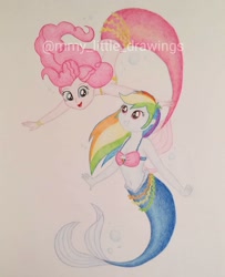 Size: 1079x1326 | Tagged: safe, artist:mmy_little_drawings, imported from derpibooru, pinkie pie, rainbow dash, mermaid, equestria girls, :d, belly button, bikini, bikini top, clothes, duo, eyelashes, female, grin, lesbian, mermaid tail, mermaidized, open mouth, pinkiedash, shipping, sleeveless, smiling, species swap, swimsuit, traditional art, watermark