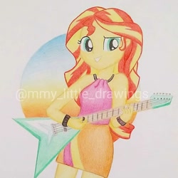 Size: 1080x1080 | Tagged: safe, artist:mmy_little_drawings, imported from derpibooru, sunset shimmer, equestria girls, rainbow rocks, bracelet, clothes, eyelashes, female, grin, guitar, jewelry, musical instrument, skirt, sleeveless, smiling, solo, traditional art, watermark