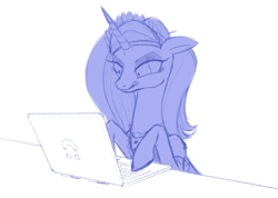 Size: 1323x944 | Tagged: safe, artist:nonamenymous, imported from derpibooru, sassy saddles, pony, unicorn, angry, clothes, computer, glare, laptop computer, maid, maid headdress, typing