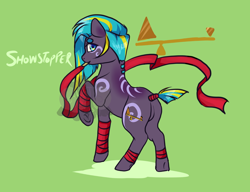 Size: 1300x1000 | Tagged: safe, artist:lavvythejackalope, imported from derpibooru, oc, oc only, earth pony, pony, arm wraps, base used, earth pony oc, frog (hoof), green background, raised hoof, simple background, solo, tail wrap, tattoo, underhoof