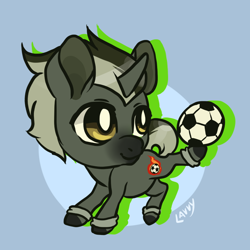 Size: 800x800 | Tagged: safe, artist:lavvythejackalope, imported from derpibooru, oc, oc only, oc:greymatter, pony, unicorn, blue background, chibi, colored hooves, football, horn, kicking, looking back, signature, simple background, smiling, solo, sports, unicorn oc