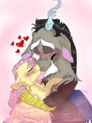 Size: 899x1200 | Tagged: safe, artist:cocolove2176, imported from derpibooru, discord, fluttershy, draconequus, pegasus, pony, abstract background, blushing, discoshy, eyes closed, facial hair, female, goatee, heart, hug, kissing, male, mare, shipping, straight, wings