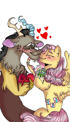 Size: 540x938 | Tagged: safe, artist:cocolove2176, imported from derpibooru, discord, fluttershy, draconequus, pegasus, pony, blushing, bouquet, discoshy, eyes closed, facial hair, female, flower, goatee, heart, hug, male, mare, shipping, simple background, smiling, straight, white background, wings