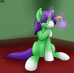 Size: 1911x1875 | Tagged: safe, artist:the-furry-railfan, imported from derpibooru, oc, oc only, oc:crescent star, unicorn, bottle, cork, curious, fumes, glasses, indoors, magic, potion, sitting, telekinesis