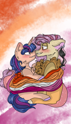 Size: 540x938 | Tagged: safe, artist:cocolove2176, imported from derpibooru, oc, draconequus, hybrid, pony, unicorn, abstract background, boop, bust, chest fluff, colored hooves, draconequus oc, female, grin, horn, hug, interspecies offspring, lesbian, lesbian pride flag, looking at each other, mare, noseboop, offspring, parent:discord, parent:flash sentry, parent:fluttershy, parent:twilight sparkle, parents:discoshy, parents:flashlight, pride, pride flag, smiling, unicorn oc