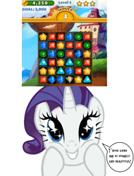 Size: 1165x1534 | Tagged: safe, imported from derpibooru, rarity, pony, unicorn, app, cute, diamond, game, gem, gemstones, hooves on cheeks, jewel mania, mobile game, obligatory pony, raribetes, reaction image, smiling, sparkles, speech bubble