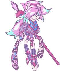 Size: 850x1002 | Tagged: safe, artist:j053ph-d4n13l, imported from derpibooru, oc, oc only, oc:petal storm, earth pony, pony, armor, female, headband, mare, raised hoof, simple background, solo, spear, tattoo, transparent background, weapon