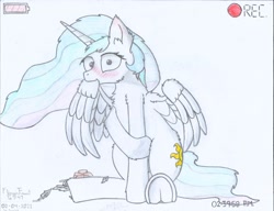 Size: 2208x1700 | Tagged: safe, artist:fliegerfausttop47, imported from derpibooru, princess celestia, alicorn, pony, behaving like a bird, blushing, cake, cakelestia, camera, camera shot, cheek fluff, chest fluff, chocolate cake, city, cute, cutelestia, ear fluff, embarrassed, feather, female, fluffy, food, frog (hoof), funny, grooming, hoof fluff, leg fluff, looking at you, macro, mare, multicolored hair, offscreen character, partially open wings, pov, preening, rainbow hair, raised hoof, recording, signature, sitting, solo, surprised, time, traditional art, underhoof, wide eyes, wing fluff, wings