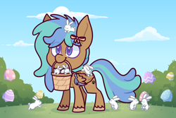 Size: 3000x2000 | Tagged: safe, artist:jetjetj, imported from derpibooru, part of a set, oc, oc only, oc:ocean pearl, pegasus, pony, rabbit, animal, basket, chibi, commission, easter egg, female, mare, mouth hold, solo, ych result