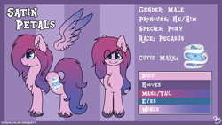 Size: 5760x3240 | Tagged: safe, artist:sevenserenity, imported from derpibooru, oc, oc only, oc:satin petals, pegasus, pony, flower, gradient mane, reference sheet, solo, unshorn fetlocks