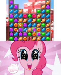 Size: 1243x1519 | Tagged: safe, edit, edited screencap, imported from derpibooru, screencap, pinkie pie, earth pony, pony, season 1, the ticket master, candy, candy blast mania, candyland, food, game, gumdrop, jellybeans, jewelry, lifesaver, lollipop, mobile game, reaction image, ring, smiling, sparkles, speech bubble, starry background, starry eyes, stars, sweets, treats, wingding eyes, wrapper