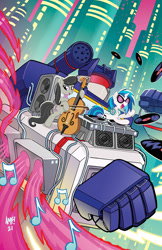 Size: 792x1224 | Tagged: safe, artist:tonyfleecs, idw, imported from derpibooru, dj pon-3, octavia melody, vinyl scratch, earth pony, pony, robot, unicorn, spoiler:comic, bow (instrument), cello, decepticon, female, idw publishing, mare, musical instrument, record, solo, soundwave, the magic of cybertron, transformers