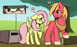 Size: 850x521 | Tagged: safe, artist:ende26, color edit, edit, imported from derpibooru, big macintosh, fluttershy, earth pony, human, pegasus, pony, blushing, cardboard box, colored, crossover, crossover shipping, female, fluttermac, heartbreak, hiding, implied gay, log, male, mare, metal gear, missing cutie mark, question mark, raised hoof, shipping, solid snake, spying, stallion, straight, thought bubble