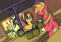 Size: 970x675 | Tagged: safe, artist:ende26, color edit, edit, imported from derpibooru, big macintosh, caramel, oc, earth pony, human, pony, alcohol, bar, blushing, caramac, cider, cider mug, colored, crossover, crossover shipping, drunk, exclamation point, eyes closed, gay, gritted teeth, heart, heartbreak, hiding, implied gay, male, metal gear, mug, shipping, solid snake, spying, stallion, waiter