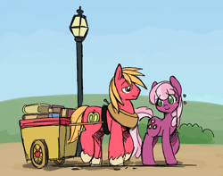 Size: 900x708 | Tagged: safe, alternate version, artist:ende26, color edit, edit, imported from derpibooru, big macintosh, cheerilee, earth pony, pony, book, cart, cheerimac, colored, female, floating heart, heart, lamppost, male, mare, shipping, stallion, straight