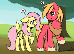 Size: 711x521 | Tagged: safe, alternate version, artist:ende26, color edit, edit, imported from derpibooru, big macintosh, fluttershy, earth pony, pegasus, pony, blushing, colored, cropped, female, fluttermac, log, male, mare, missing cutie mark, question mark, raised hoof, shipping, stallion, straight, thought bubble