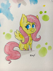 Size: 2121x2828 | Tagged: safe, artist:artnstuff101, imported from derpibooru, fluttershy, pegasus, pony, chest fluff, chibi, colored hooves, cute, shyabetes, signature, sitting, solo, spread wings, traditional art, watercolor painting, wings