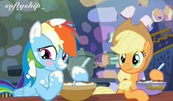 Size: 496x292 | Tagged: safe, artist:soflyship, edit, edited screencap, imported from derpibooru, screencap, applejack, rainbow dash, earth pony, pegasus, pony, every little thing she does, appledash, blushing, bowl, character swap, cute, dashabetes, discovery family logo, fake screencap, female, flour, jackabetes, lesbian, manip, messy, mixing bowl, shipping