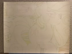 Size: 4032x3024 | Tagged: safe, artist:thor-disciple, idw, swift foot, earth pony, pony, border, butt, cloud, colored pencil drawing, comic book style, cutie mark, flank, green mane, looking at you, morning, purple eyes, raised hoof, shadow, shadows, smiling, smiling at you, spiral, traditional art, walking, wavy mane