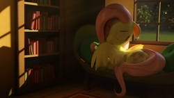 Size: 3840x2160 | Tagged: safe, artist:xppp1n, imported from derpibooru, fluttershy, pegasus, 3d, behaving like a bird, behaving like a cat, blender, blender cycles, book, bookshelf, couch, eyes closed, female, fluttershy's cottage, grooming, mare, preening, solo, spread wings, wings