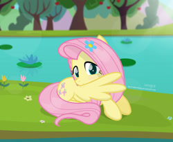 Size: 1024x840 | Tagged: safe, artist:shutterflyeqd, imported from derpibooru, fluttershy, pegasus, pony, cute, daaaaaaaaaaaw, female, flower, flower in hair, grooming, hnnng, lake, looking at you, mare, preening, show accurate, shutterflyeqd is trying to murder us, shyabetes, solo, tree, water, weapons-grade cute, wings