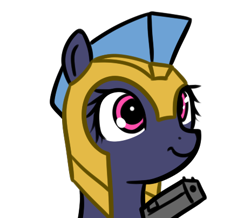 Size: 463x403 | Tagged: safe, artist:neuro, oc, oc only, pony, armor, female, guardsmare, gun, handgun, helmet, mare, pink eyes, royal guard, simple background, smiling, solo, transparent background, weapon