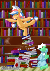 Size: 1061x1500 | Tagged: safe, artist:genolover, imported from derpibooru, oc, oc only, oc:ember (hwcon), oc:glace (hwcon), pony, book, bookshelf, hearth's warming con, library, mascot, solo, spider web, this will end in pain, tongue out