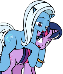 Size: 415x492 | Tagged: source needed, safe, artist:dekomaru, imported from derpibooru, trixie, twilight sparkle, pony, unicorn, female, lesbian, lesbian twilight, mare, png, ponies riding ponies, riding, shipping, simple background, transparent background, trixie riding twilight, twixie, unicorn twilight