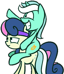 Size: 291x337 | Tagged: artist needed, source needed, safe, artist:dori-to, imported from derpibooru, bon bon, lyra heartstrings, sweetie drops, earth pony, pony, unicorn, female, lyra riding bon bon, mare, ponies riding ponies, riding, simple background, sweatband, transparent background