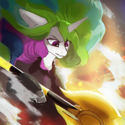 Size: 3000x3000 | Tagged: safe, artist:hierozaki, imported from derpibooru, princess celestia, alicorn, pony, digital painting, female, high res, mare, solo, weapon