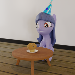 Size: 3240x3240 | Tagged: safe, artist:the luna fan, derpibooru exclusive, imported from derpibooru, oc, oc only, oc:cosmia nebula, pony, 3d, birthday, blender, food, happy, hat, high res, muffin, party hat, smiling, solo, table