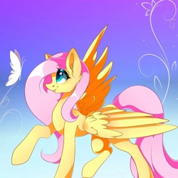 Size: 1080x1080 | Tagged: safe, alternate version, artist:tessa_key_, imported from derpibooru, fluttershy, butterfly, pegasus, pony, abstract background, colored, cute, daaaaaaaaaaaw, ear fluff, eyelashes, female, flying, looking at something, looking up, mare, profile, raised hoof, raised leg, shyabetes, solo, spread wings, wings