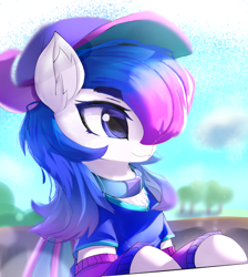 Size: 2137x2389 | Tagged: safe, artist:jfrxd, imported from derpibooru, oc, oc only, oc:munlet, bat pony, pony, blue eyes, blue sky, cloud, female, hat, high res, mare, outfit, purple hair, solo