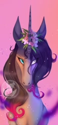 Size: 408x874 | Tagged: safe, artist:witherslayer-73, artist:witherslayer73, imported from derpibooru, oleander, unicorn, them's fightin' herds, community related, female, floral head wreath, flower, logo, oleander (tfh), pink background, simple background, solo, watermark