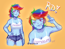 Size: 2104x1565 | Tagged: safe, artist:zowzowo, imported from derpibooru, rainbow dash, human, armpits, belly button, blue skin, breasts, canterlot high, cleavage, clothes, confident, daisy dukes, denim shorts, female, hand on hip, humanized, looking at you, midriff, multicolored hair, one eye closed, peace sign, piercing, pink eyes, pony coloring, rainbow hair, short hair, short hair rainbow dash, shorts, simple background, smiling, smirk, solo, sporty style, tanktop, tomboy, wink, winking at you, yellow background