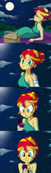 Size: 570x1920 | Tagged: safe, artist:doublewbrothers, derpibooru exclusive, edit, imported from derpibooru, sunset shimmer, human, equestria girls, alternate hairstyle, blanket, clothes, crying, date, date night, dress, ear piercing, earring, engagement ring, full moon, hand on shoulder, jewelry, looking at you, marriage proposal, moon, night, offscreen character, picnic blanket, piercing, ring, sleeveless, tears of joy, teary eyes, wedding ring
