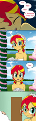 Size: 566x1920 | Tagged: safe, artist:doublewbrothers, edit, imported from derpibooru, sunset shimmer, equestria girls, bare shoulders, bride, clothes, cute, door, dress, looking at you, shimmerbetes, sleeveless, speech bubble, strapless, wedding cake, wedding dress