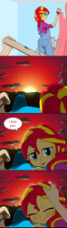 Size: 565x1920 | Tagged: safe, artist:doublewbrothers, edit, imported from derpibooru, sunset shimmer, equestria girls, clothes, cloud, hand on head, i love you, looking at you, overalls, painting, red sky, speech bubble, sunset