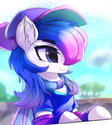 Size: 2137x2389 | Tagged: safe, alternate version, artist:jfrxd, imported from derpibooru, oc, oc only, oc:munlet, bat pony, pony, blue eyes, blue sky, cloud, female, hat, high res, mare, outfit, purple hair, solo
