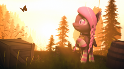 Size: 7680x4320 | Tagged: safe, artist:lagmanor, imported from derpibooru, oc, oc only, oc:wintergleam, bat pony, butterfly, pony, 3d, barrel, bat ears, bat pony oc, bat wings, book, braid, clothes, crate, grass, holding, holding a book, jewelry, looking at something, necklace, pine tree, pink mane, sfm pony, ship, smiling, socks, solo, source filmmaker, striped socks, sunlight, sunset, tree, wings