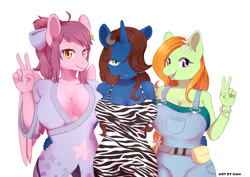 Size: 1200x850 | Tagged: safe, artist:sion, imported from derpibooru, oc, oc only, anthro, earth pony, pegasus, unicorn, big breasts, breasts, clothes, commission, digital art, dress, female, flower, flower in hair, horn, looking at you, one eye closed, open mouth, peace sign, simple background, trio, trio female, white background, wings