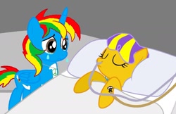 Size: 1280x829 | Tagged: safe, artist:lachlancarr1996, imported from derpibooru, oc, oc only, oc:royal strength, oc:sunrise glisten, alicorn, pegasus, pony, alicorn oc, bed, brown eyes, coma, crying, duo, duo female, eyes closed, female, folded wings, horn, mare, multicolored mane, multicolored tail, on bed, pegasus oc, pillow, sad, sick, standing, tail, two toned mane, wings