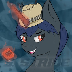 Size: 2000x2000 | Tagged: safe, artist:shade stride, imported from derpibooru, oc, oc only, oc:cerulean cravat, pony, unicorn, bust, hat, high res, magic, magic aura, male, psychopath, simple background, solo, stallion, trilby, watermark