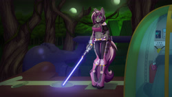 Size: 4000x2250 | Tagged: safe, artist:pentoolqueen, imported from derpibooru, oc, oc only, oc:lovelight, anthro, pony, unguligrade anthro, unicorn, anthro oc, armor, belly button, belt, blaster, boots, bracelet, clothes, cockpit, crossover, cuffs, evil eyes, eyes in the dark, female, females only, fluffy hand cuffs, forest, forest background, fuzzy handcuffs, grey fur, grin, gun, hand on hip, high res, horn, jacket, jewelry, lightsaber, looking at you, medal, midriff, moon, night, ominous, pants, picture in picture, pink hair, pose, purple eyes, purple hair, shoes, smiling, smiling at you, solo, spaceship, sports bra, standing, star wars, swamp, sword, tanktop, temple, unicorn oc, vehicle, vine, wall of tags, weapon