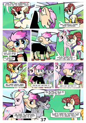 Size: 2100x3000 | Tagged: safe, artist:loryska, imported from derpibooru, oc, oc:clarabelle, oc:conundrum solar flare, oc:niko, oc:plumeria, earth pony, hybrid, pony, zony, comic:friendship grows, amputee, high res, offspring, one winged pegasus, parent:derpy hooves, parent:doctor whooves, parent:quibble pants, parent:rainbow dash, parents:doctorderpy, parents:quibbledash, plane