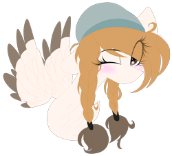 Size: 2294x2070 | Tagged: safe, artist:mediasmile666, imported from derpibooru, oc, oc only, pegasus, pony, blushing, bust, female, hat, high res, mare, one eye closed, simple background, solo, spread wings, transparent background, wings, wink