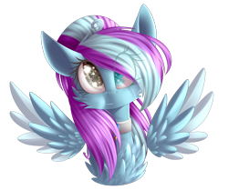 Size: 2680x2238 | Tagged: safe, artist:mediasmile666, imported from derpibooru, oc, oc only, pegasus, pony, bust, choker, female, high res, mare, ponytail, simple background, solo, spread wings, transparent background, wings